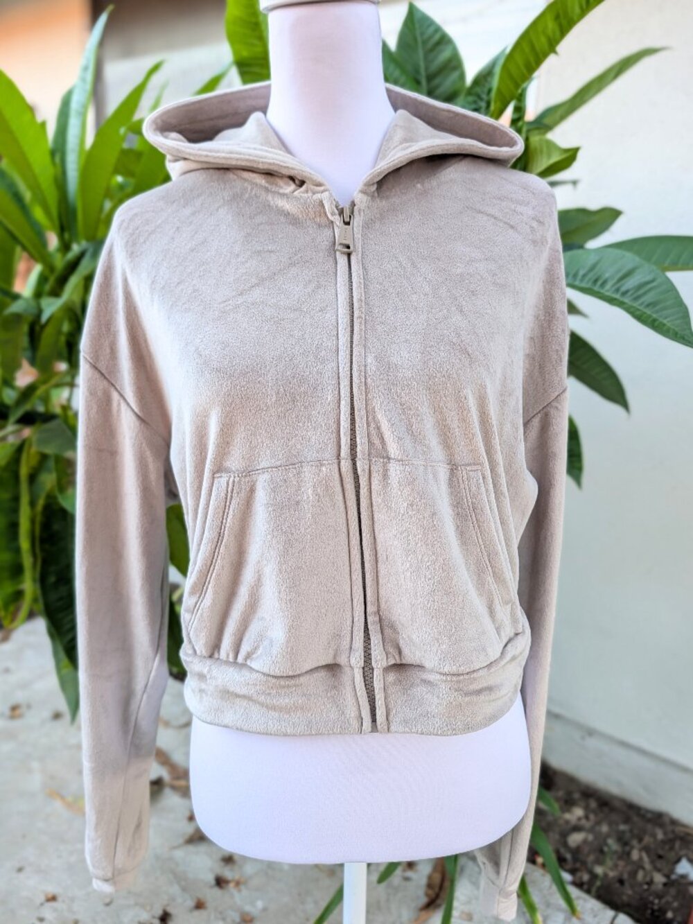 Sacre velour y2k cropped zip up hoodie light tan taupe size large EUC